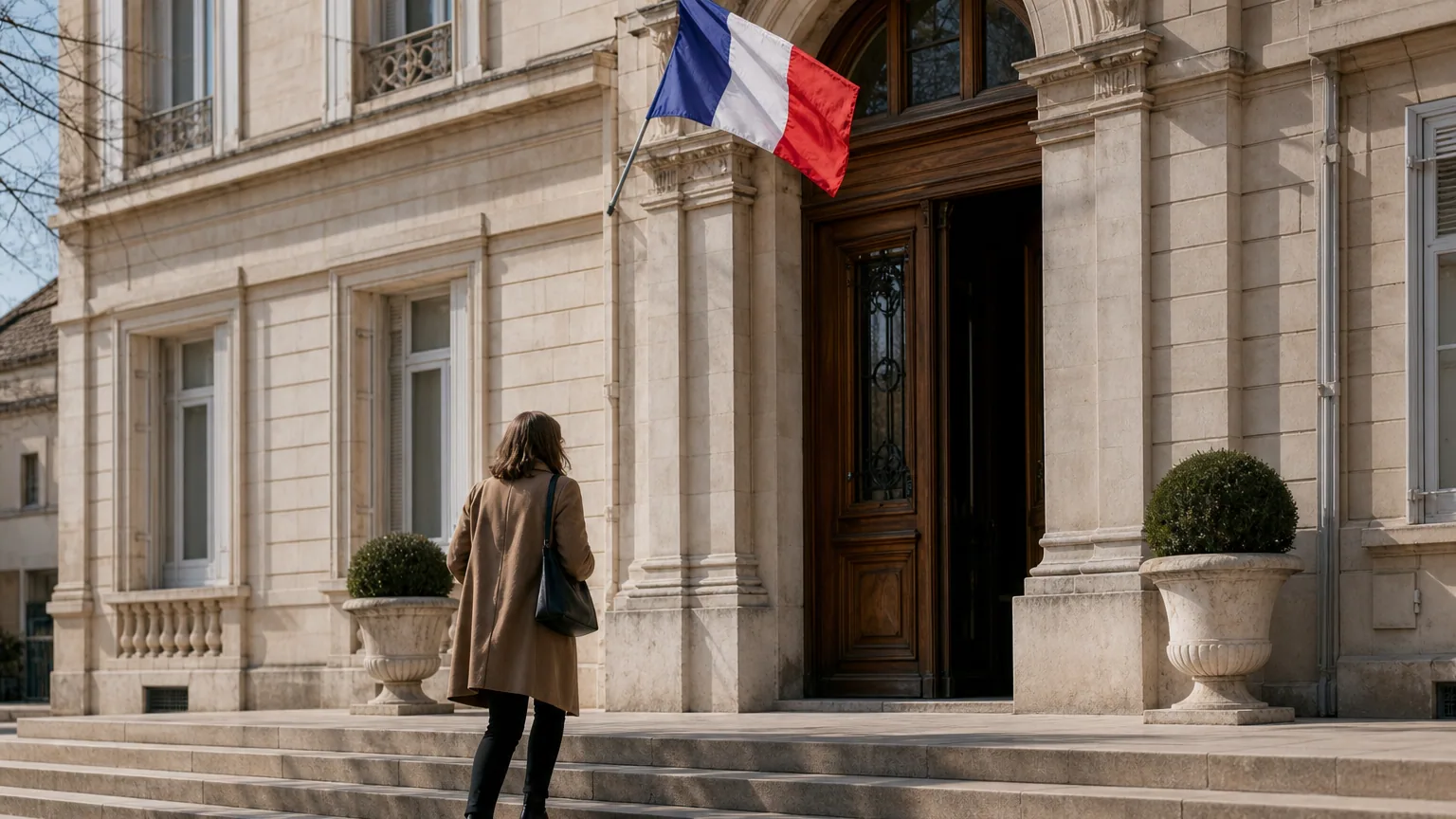 Façade d'une mairie française avec le drapeau tricolore et une habitante montant les marches.