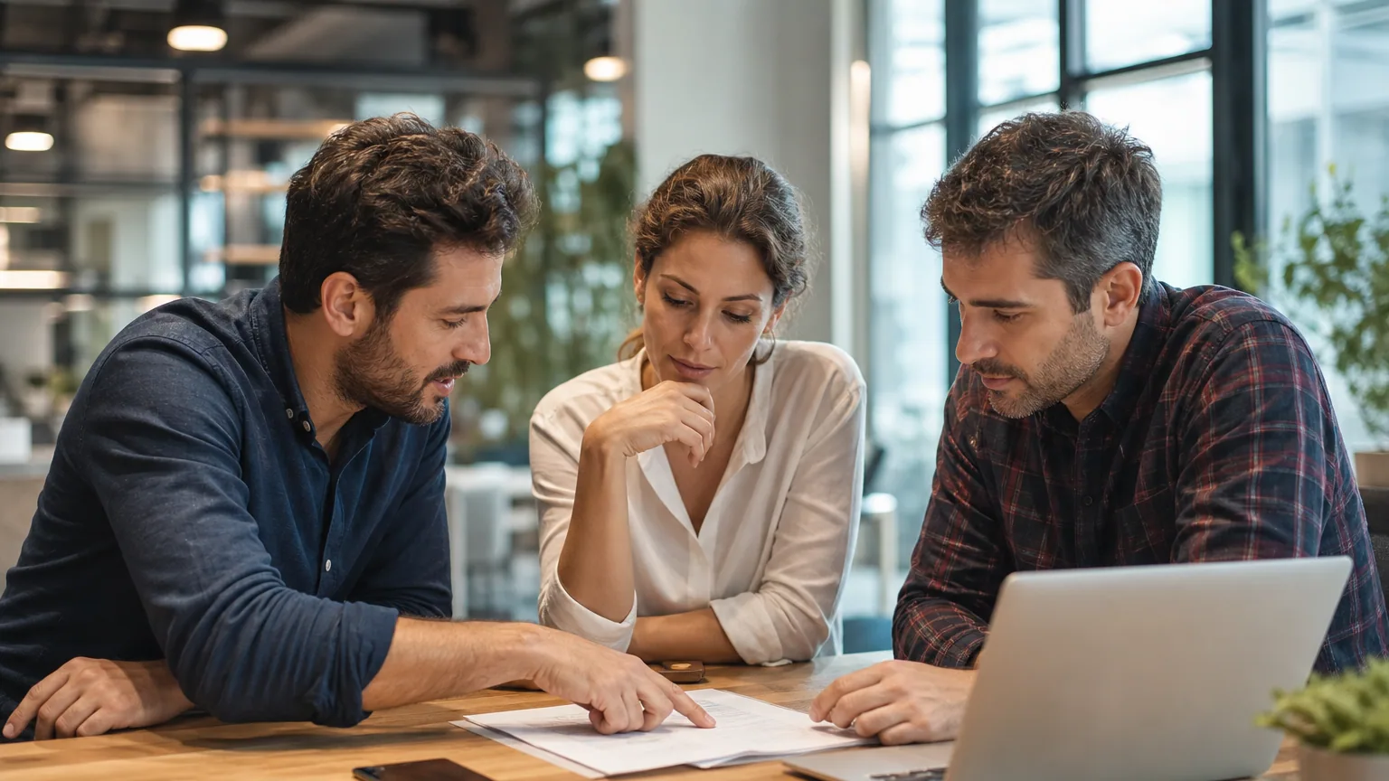 Trois cofondateurs examinent ensemble un document contractuel autour d'une table dans un bureau lumineux