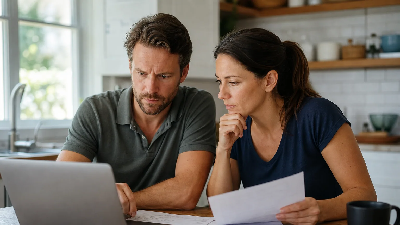 Un couple examine ses placements financiers sur un ordinateur portable à la maison