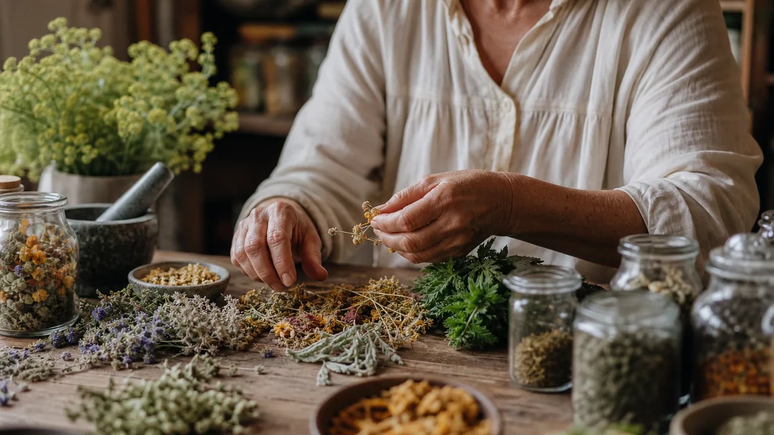 Mains d'un herboriste disposant des plantes médicinales séchées et des bocaux en verre sur une table en bois