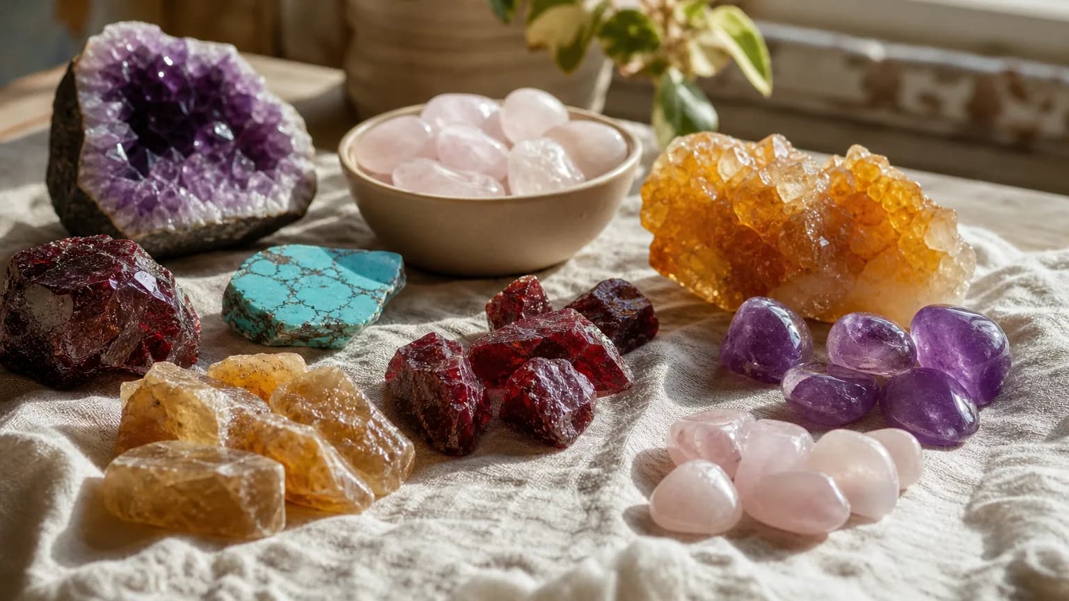 Collection de pierres et minéraux colorés disposés sur un tissu en lin près d'une fenêtre