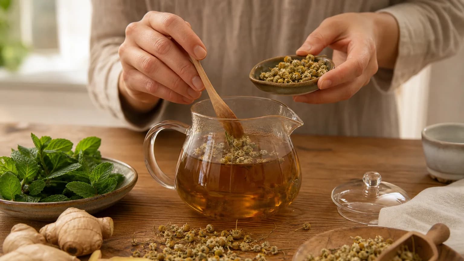 Mains préparant une tisane avec camomille, menthe et gingembre sur une table en bois