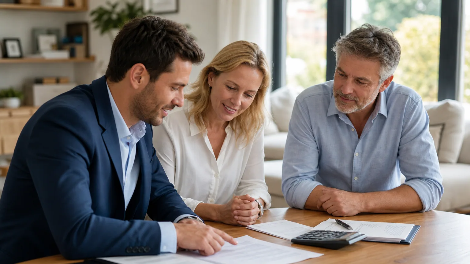 Un couple et un agent immobilier examinent des documents de vente avec une calculatrice sur une table