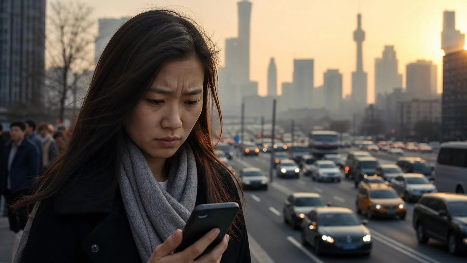 Avenue urbaine embrumée au crépuscule avec circulation dense et une passante regardant son téléphone