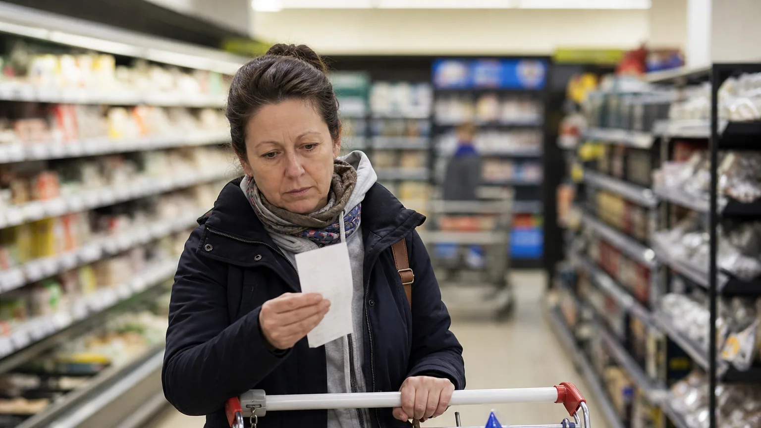 Une femme examine un ticket de caisse dans un supermarché, l'air préoccupé, devant un caddie à moitié rempli.