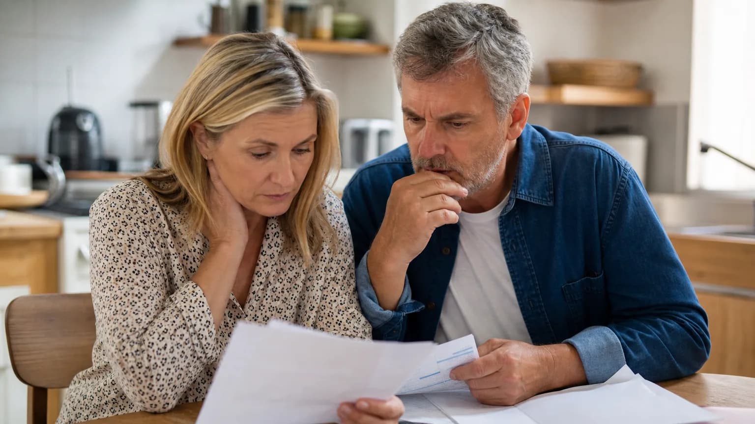 Un couple examine ses fiches de paie et factures à la table de la cuisine avec une calculatrice.