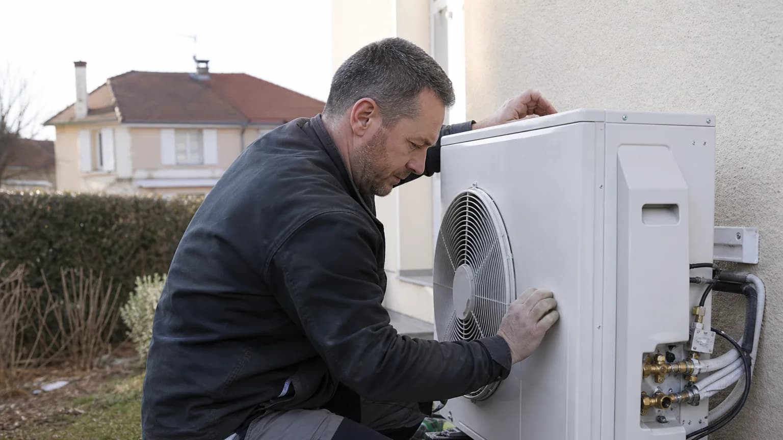 Un technicien installe l'unité extérieure d'une pompe à chaleur air-eau contre le mur d'une maison