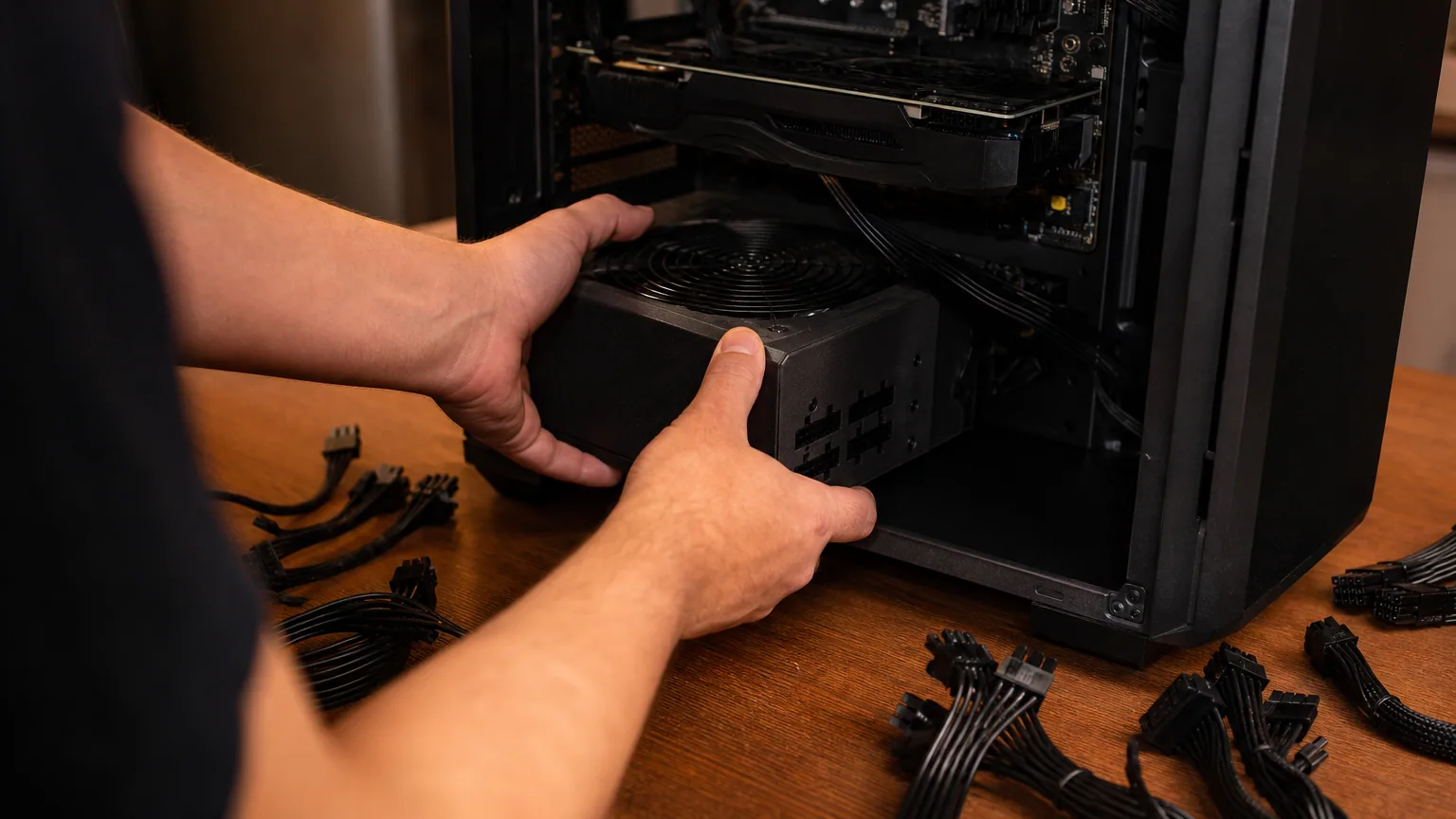 Mains installant une alimentation modulaire dans un boîtier PC ouvert posé sur un bureau