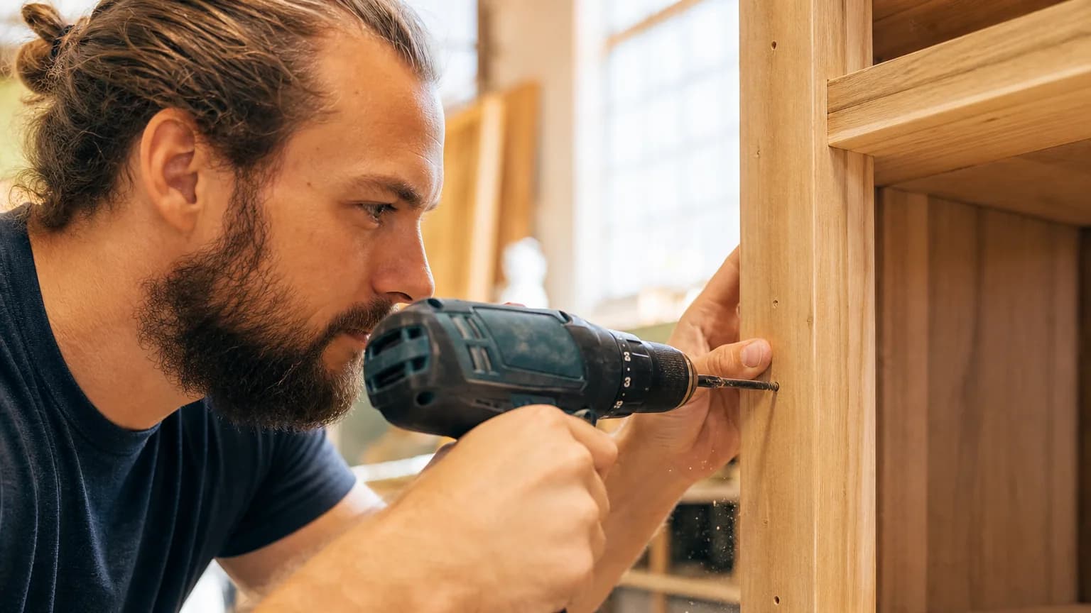 Gros plan sur les mains d'une personne utilisant une perceuse-visseuse sans-fil pour monter une étagère en bois