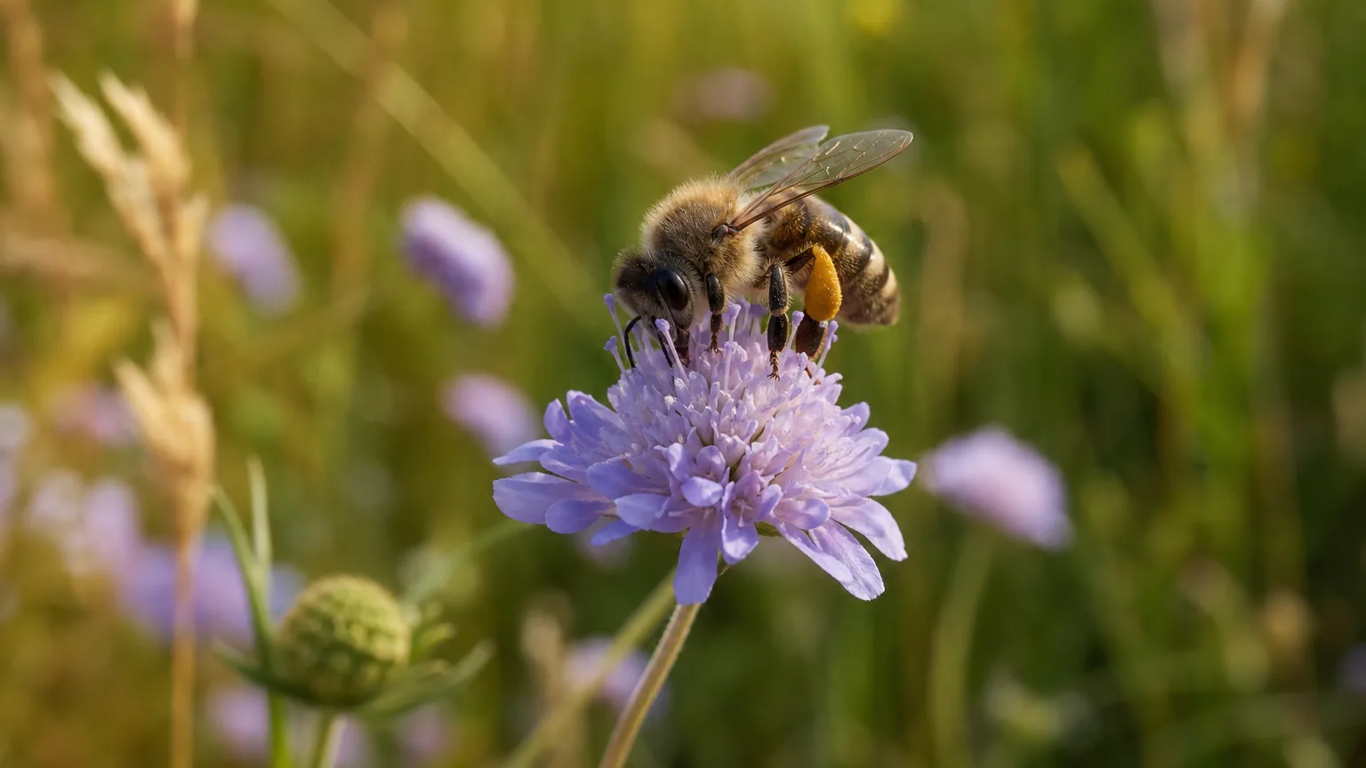 Une abeille butine une fleur sauvage dans une prairie ensoleillée
