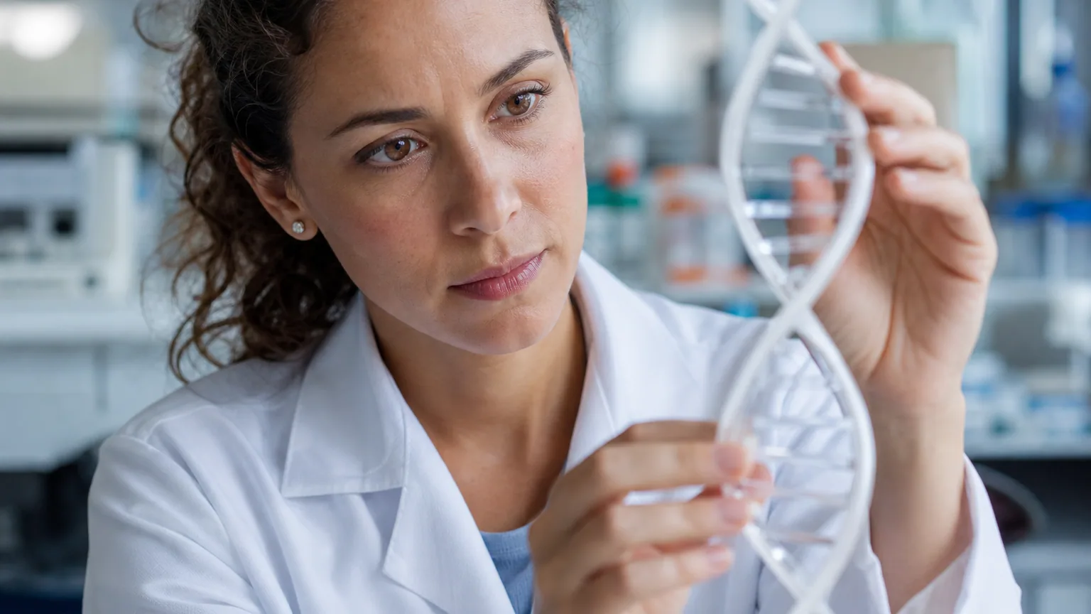 Une chercheuse examine un modèle d'ADN transparent dans un laboratoire de génétique