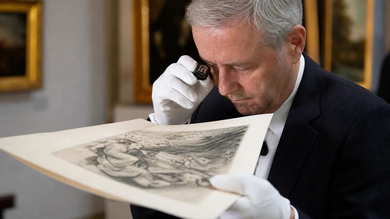 Un expert examine à la loupe une estampe numérotée dans une galerie