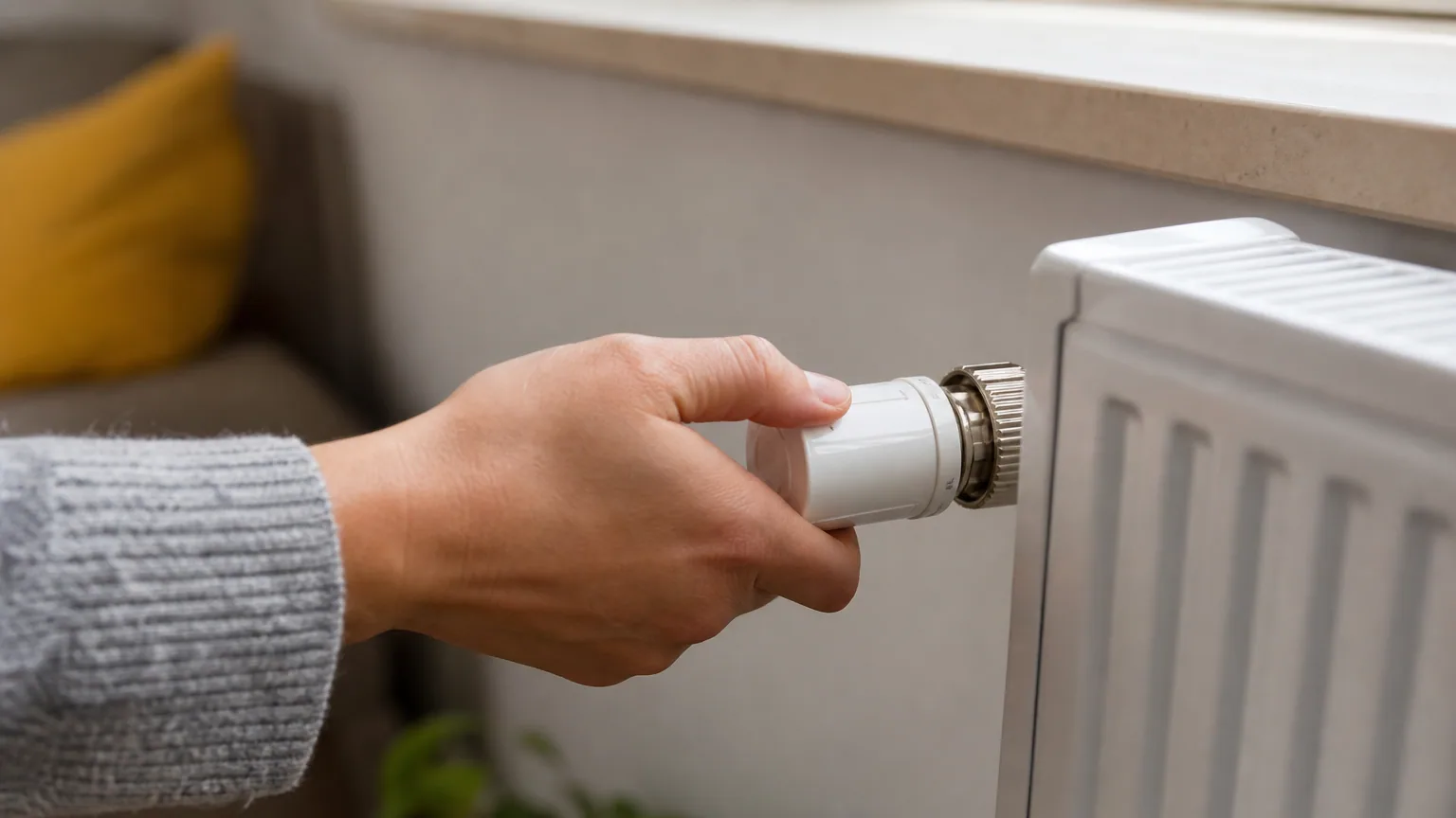 Compteur électrique et main réglant un thermostat de radiateur