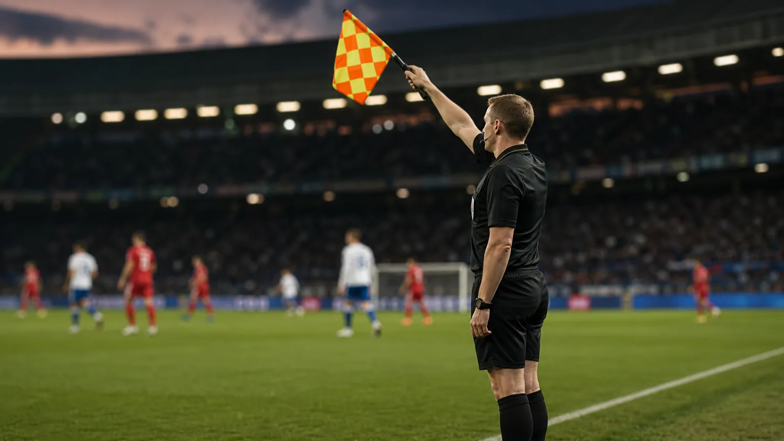 Un arbitre assistant lève son drapeau pour signaler un hors-jeu lors d'un match de football