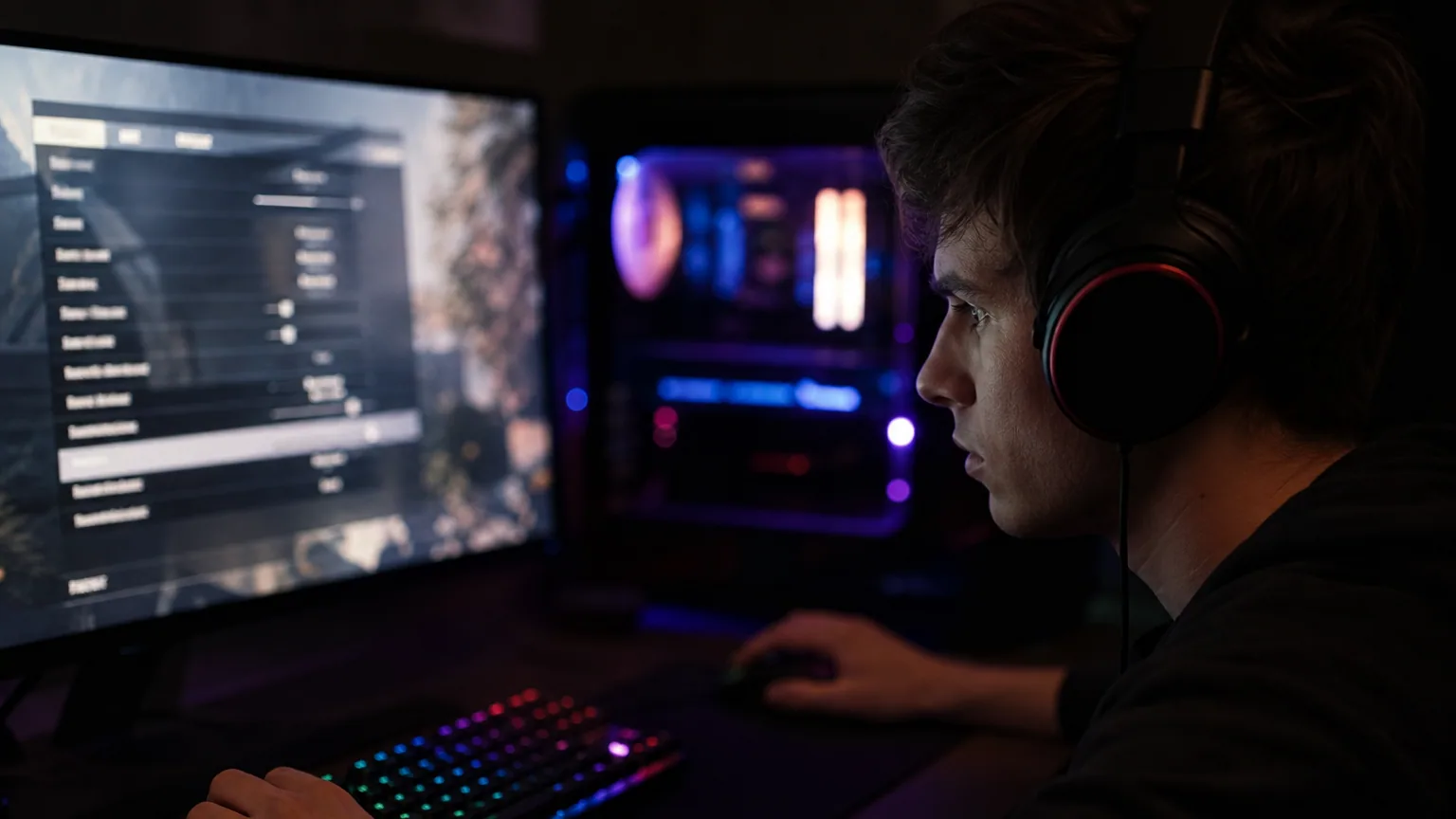 Joueur ajustant les paramètres graphiques d'un jeu sur son écran de PC dans une pièce sombre