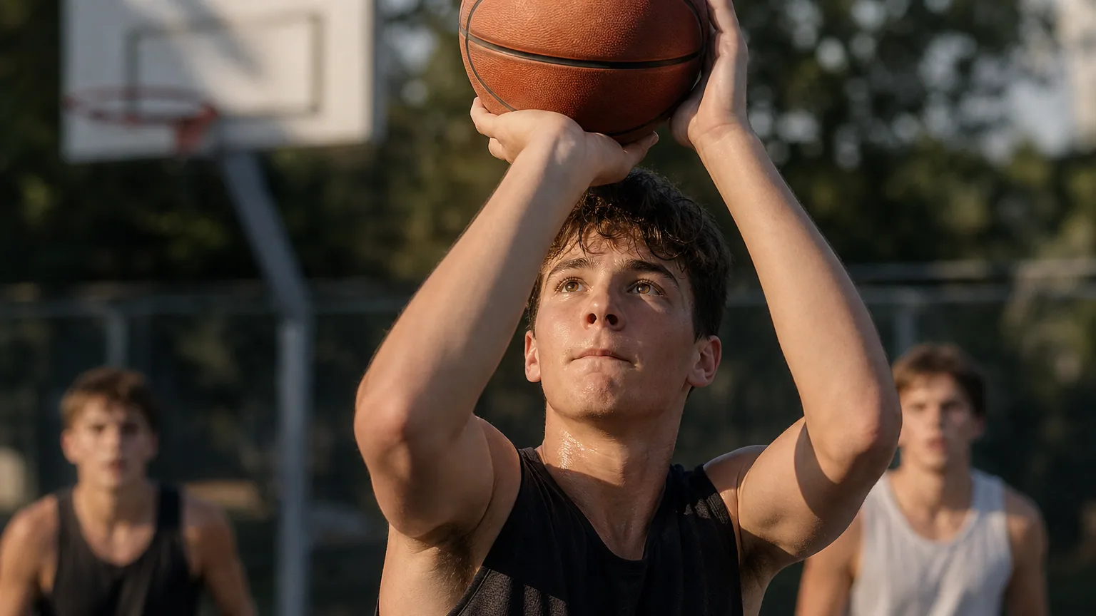 Un joueur amateur en plein tir vers le panier sur un terrain de basket extérieur