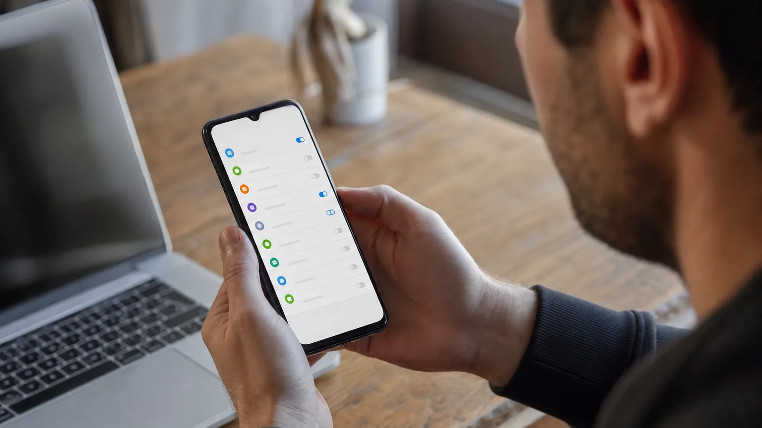 Une personne tient un smartphone affichant le menu des réglages, prête à le réinitialiser, à côté d'un ordinateur portable.
