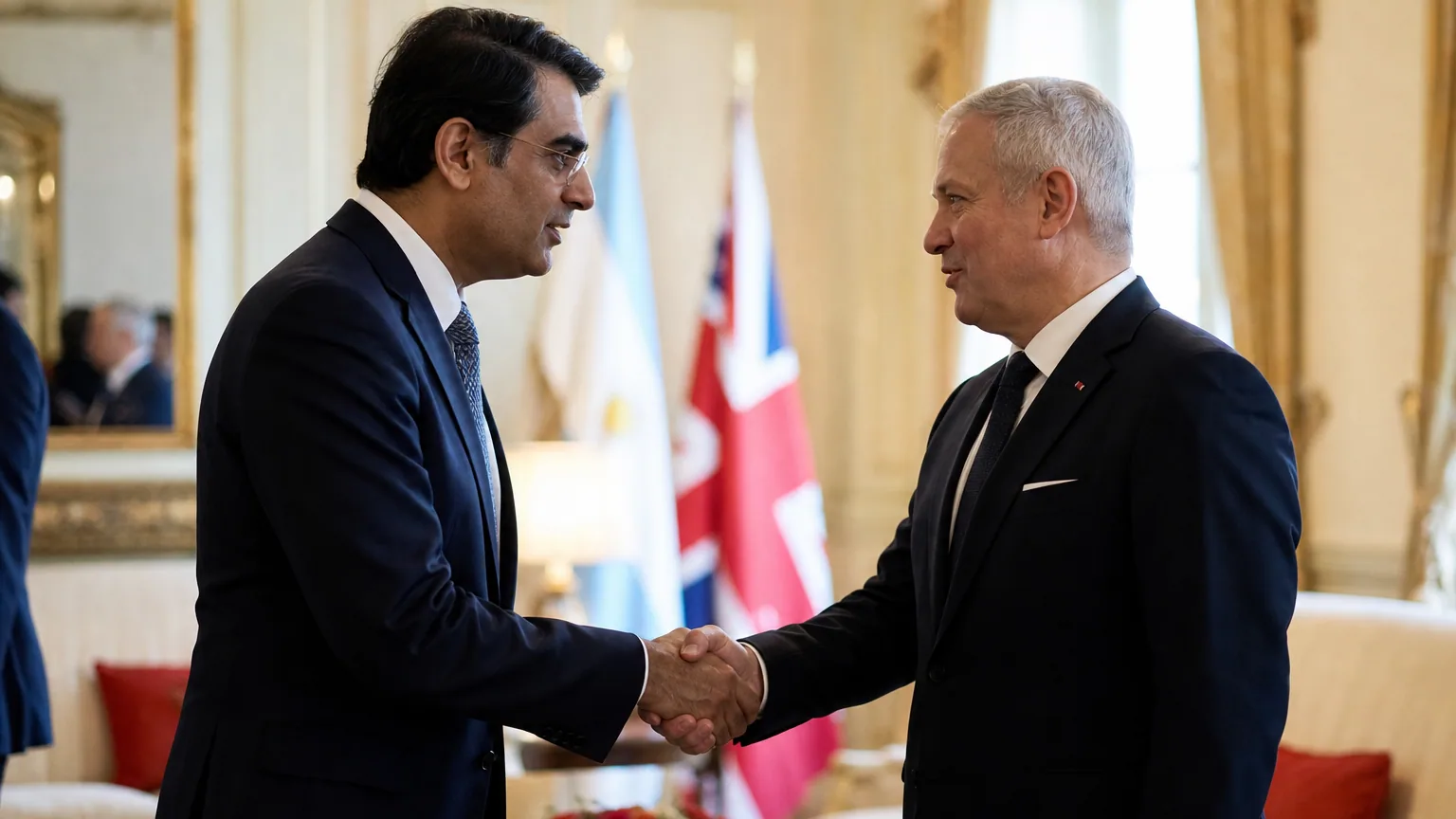 Deux diplomates se serrent la main dans le salon d'une ambassade, drapeaux en arrière-plan.