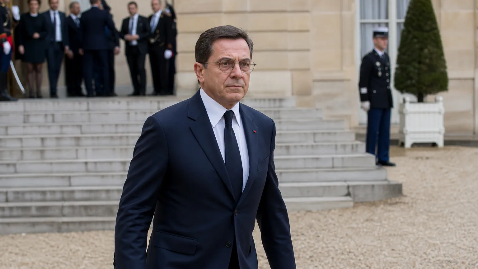 Un chef du gouvernement en costume descend les marches d'un palais officiel, entouré de collaborateurs.