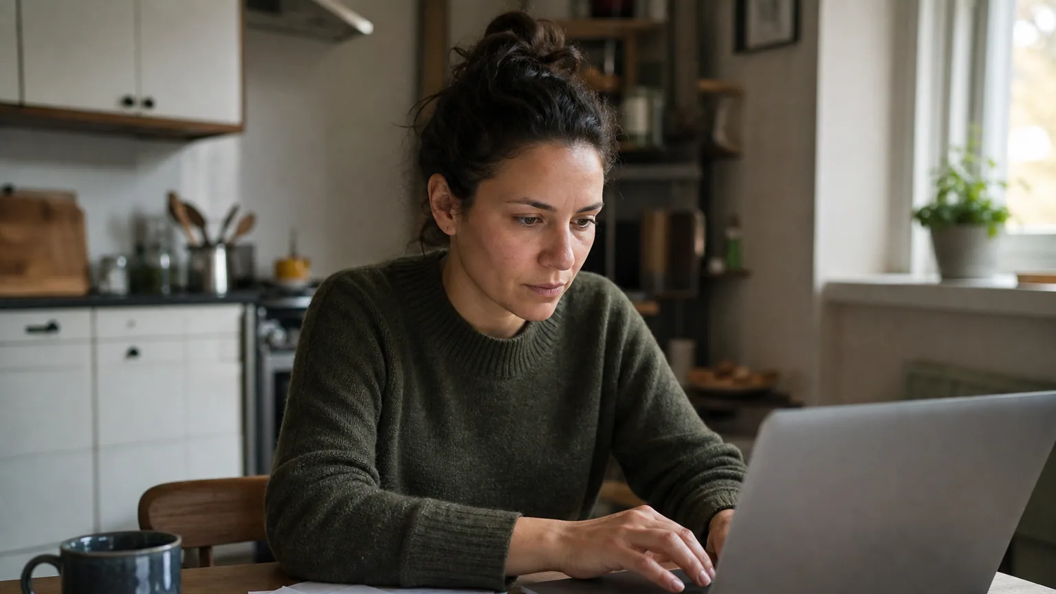 Une femme remplit une demande d'aide administrative sur son ordinateur portable à la table de sa cuisine