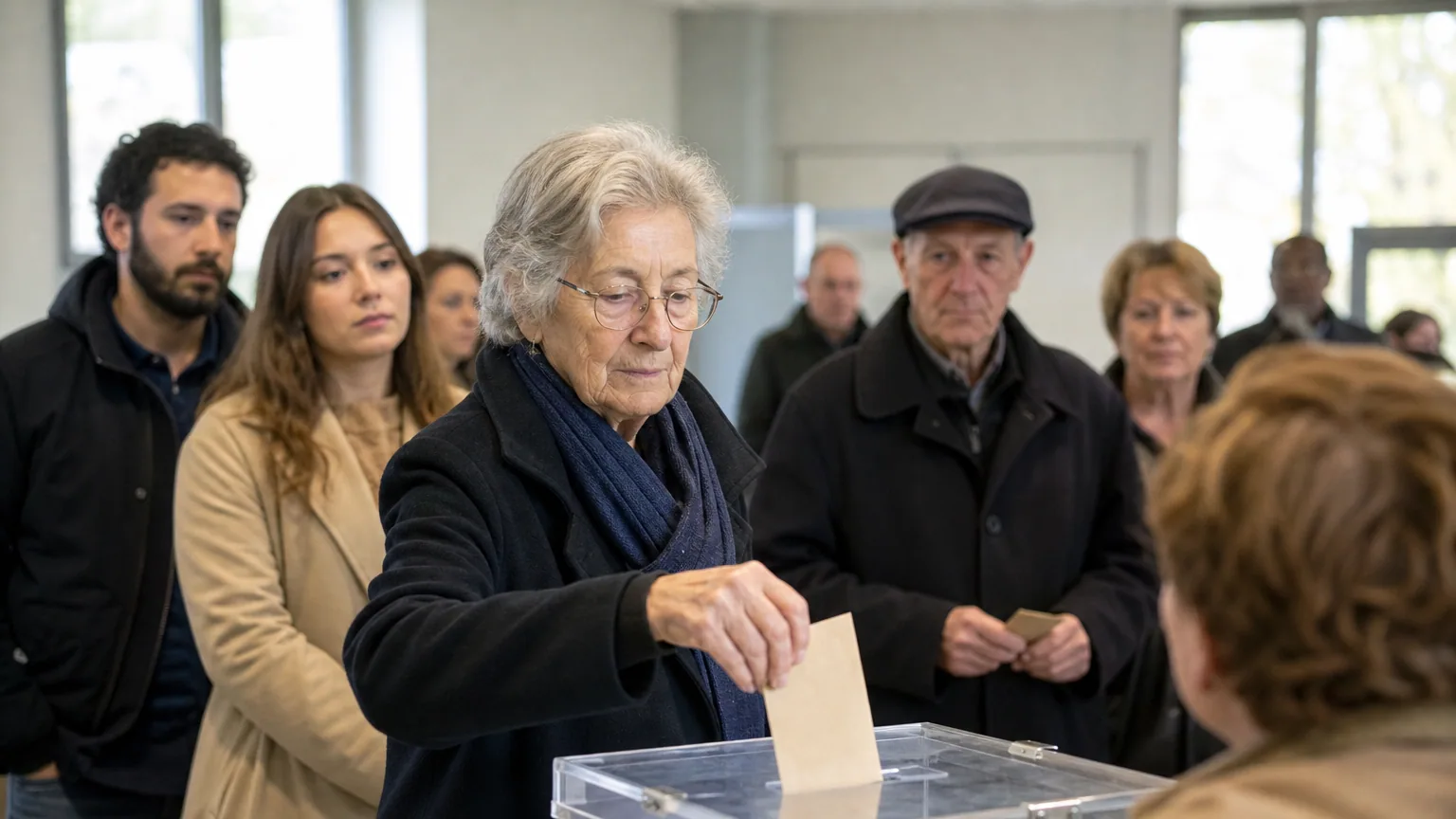 Des électeurs font la queue dans un bureau de vote et glissent leur bulletin dans l'urne.