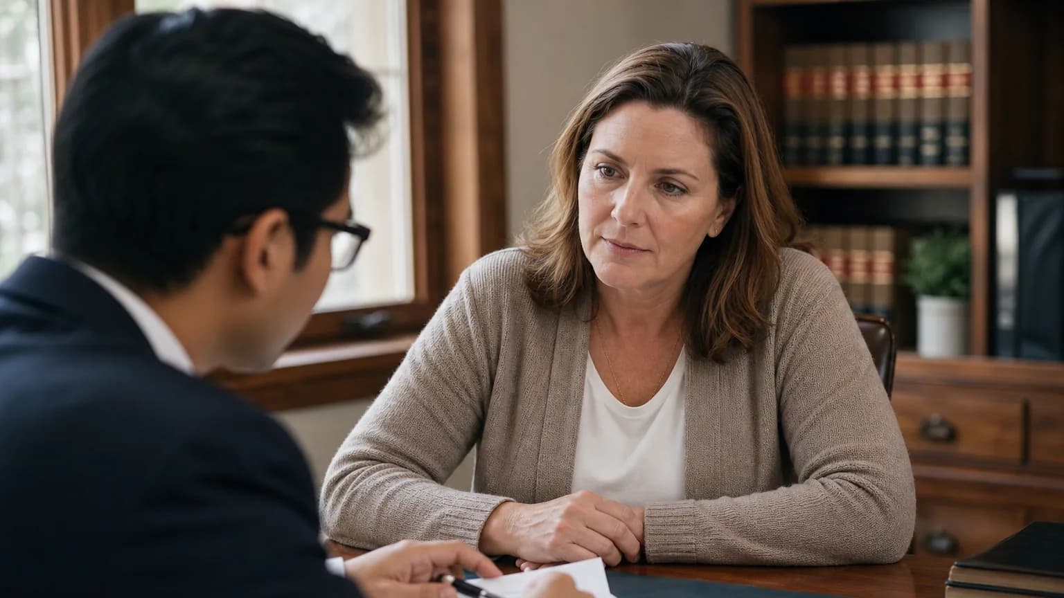 Une victime échange avec son avocate autour de documents dans un cabinet, lumière naturelle.