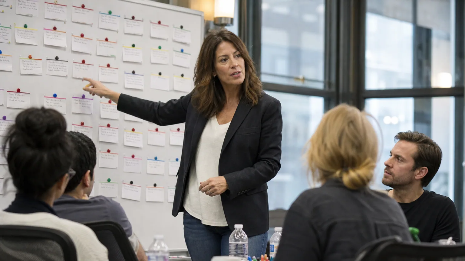 Une showrunneuse dirige une réunion d'écriture devant un tableau couvert de fiches dans une salle de production de série.