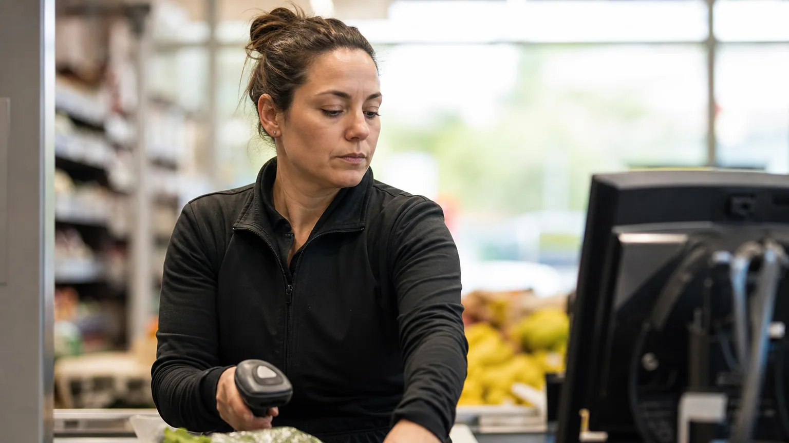 Une caissière concentrée à son poste dans un supermarché, illustrant les salariés rémunérés au SMIC.