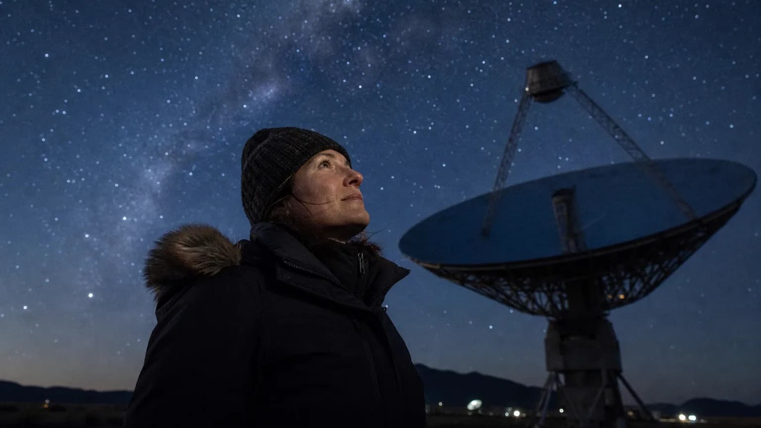 Un astronome observe le ciel étoilé près d'un radiotélescope, la Voie lactée visible au-dessus.