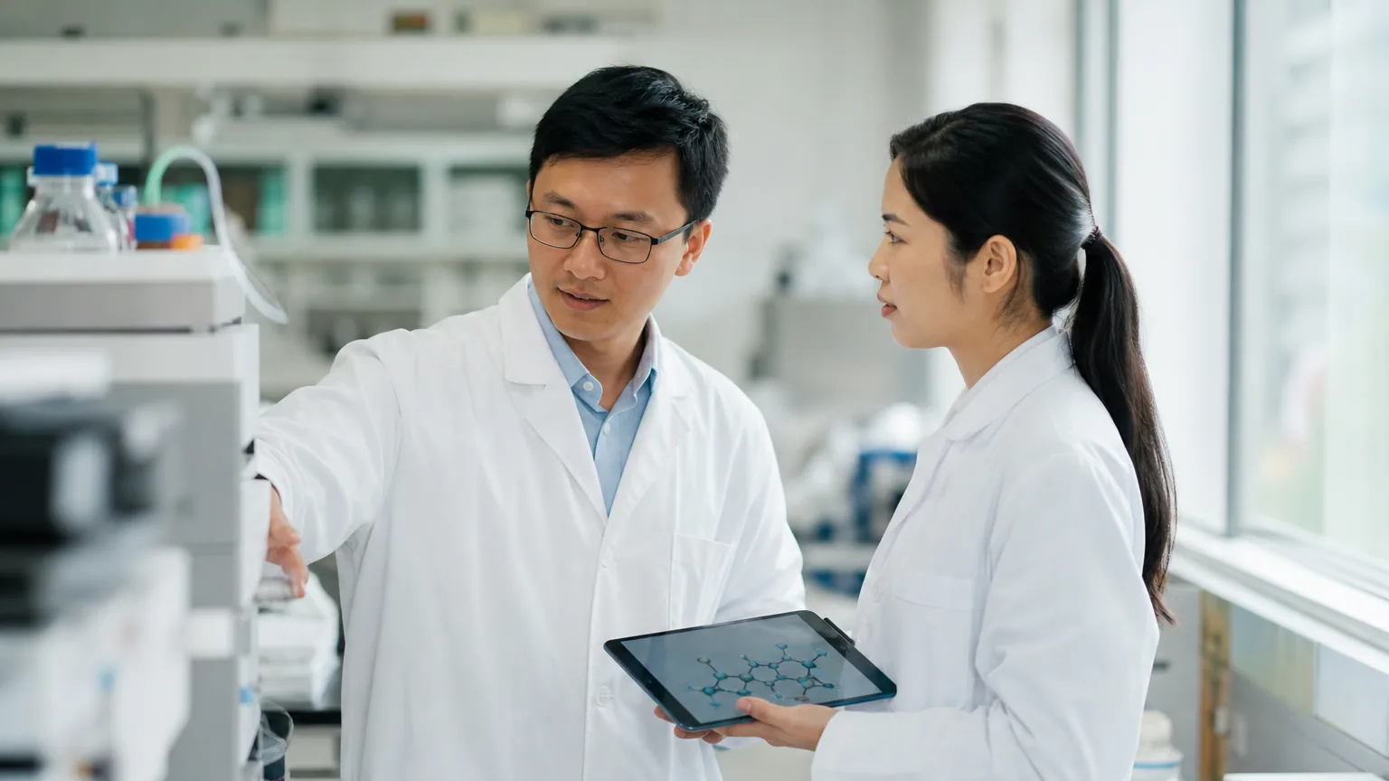 Deux chercheurs discutent autour d'équipements dans un laboratoire moderne lumineux