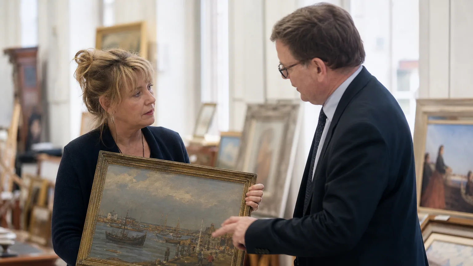Une femme présente un tableau encadré à un expert dans une salle des ventes lumineuse