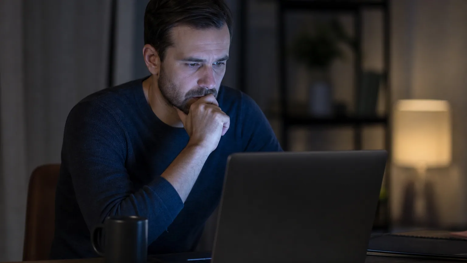 Une personne inquiète vérifie la sécurité de ses comptes sur un ordinateur portable le soir.