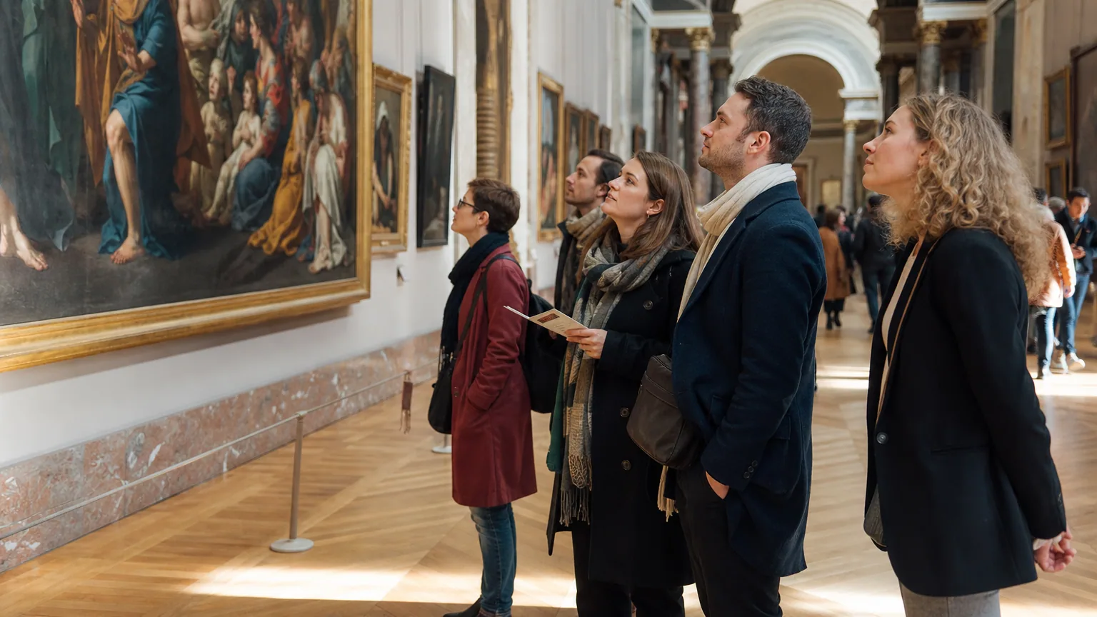 Visiteurs observant des tableaux dans une galerie lumineuse du musée du Louvre