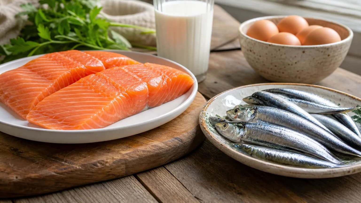Saumon, sardines, œufs et lait enrichi disposés sur une table en bois près d'une fenêtre