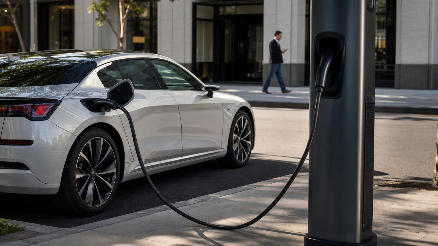 Voiture électrique branchée à une borne de recharge en ville
