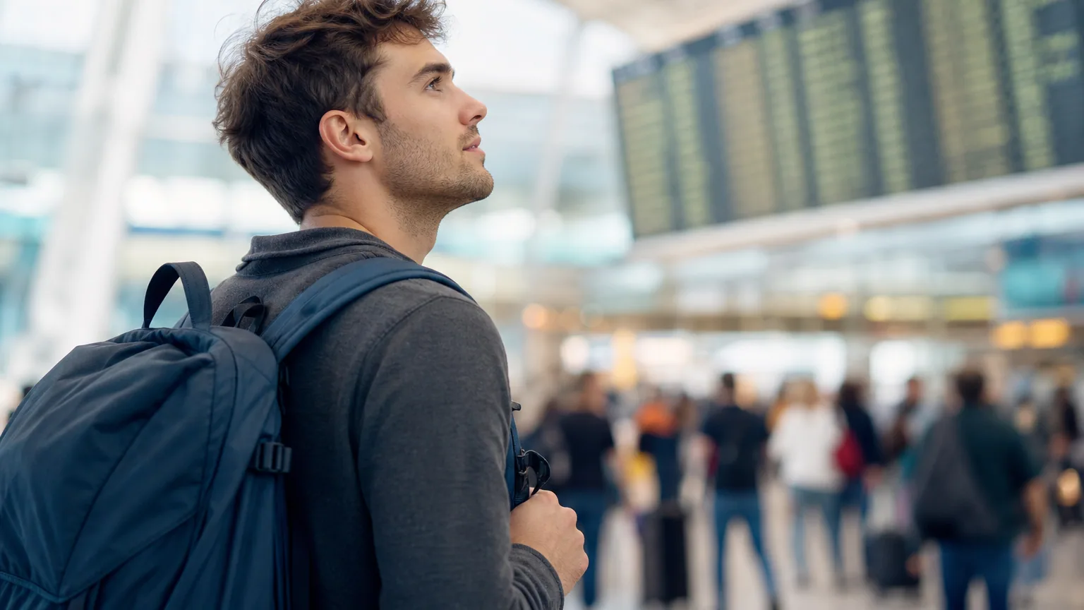 Voyageur avec un sac à dos regardant un panneau d'aéroport