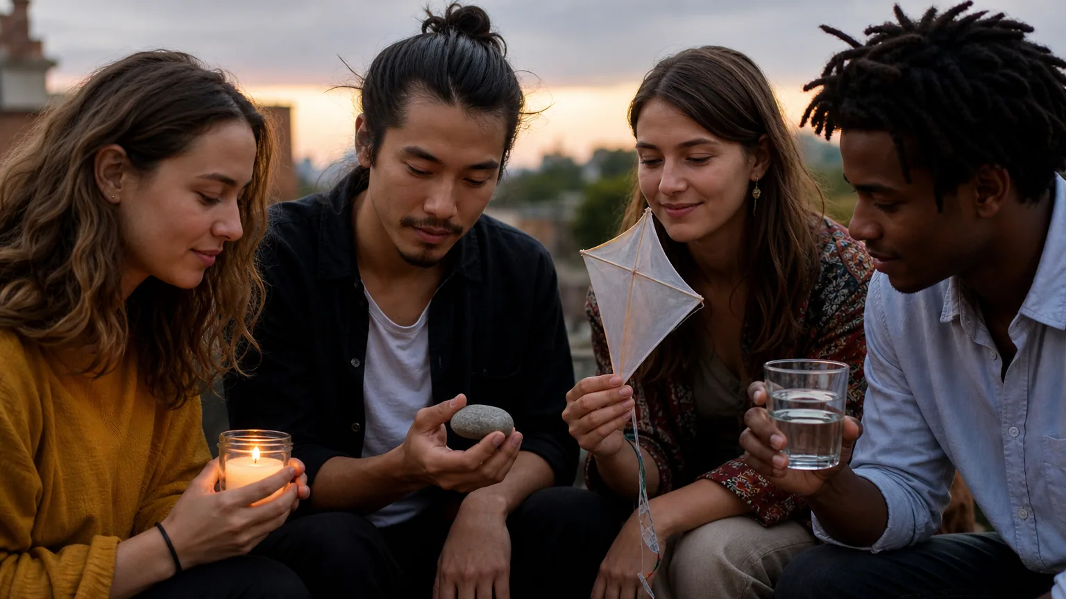 Quatre personnes réunies autour d'une table, chacune tenant un objet évoquant le feu, la terre, l'air ou l'eau.