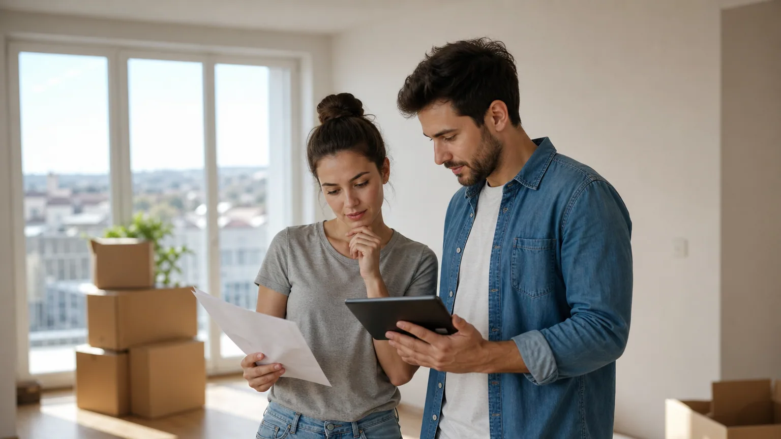 Un couple réfléchit dans un appartement vide entouré de cartons de déménagement