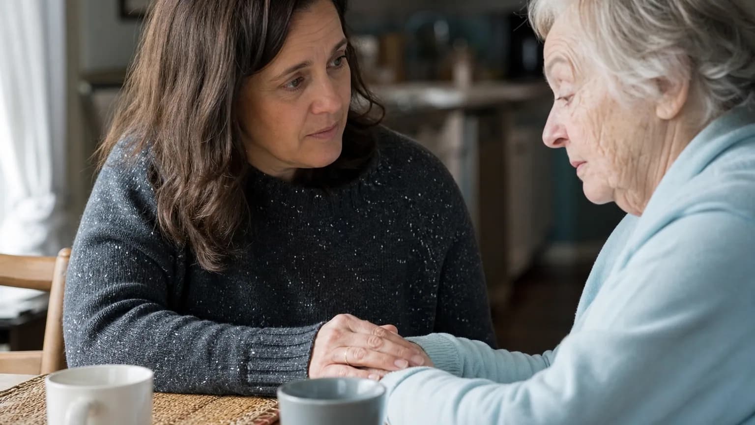 Une femme tient la main de sa mère âgée à la table de la cuisine, scène d'aide à domicile.