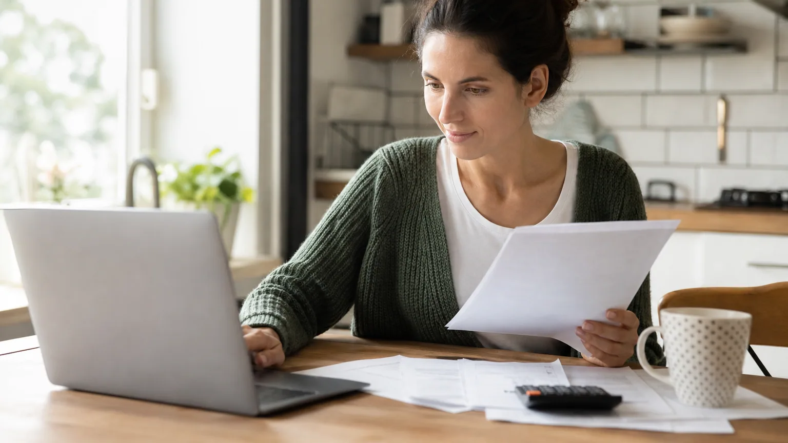 Une femme examine ses factures et son ordinateur à la table de sa cuisine pour estimer ses aides