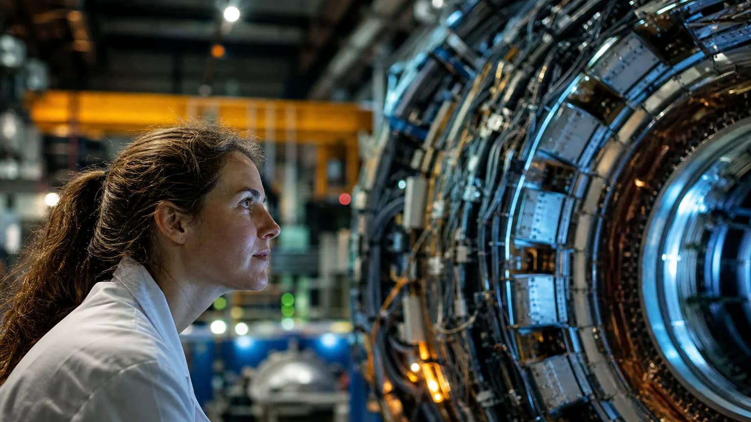 Une physicienne observe un détecteur de particules dans un grand laboratoire de recherche