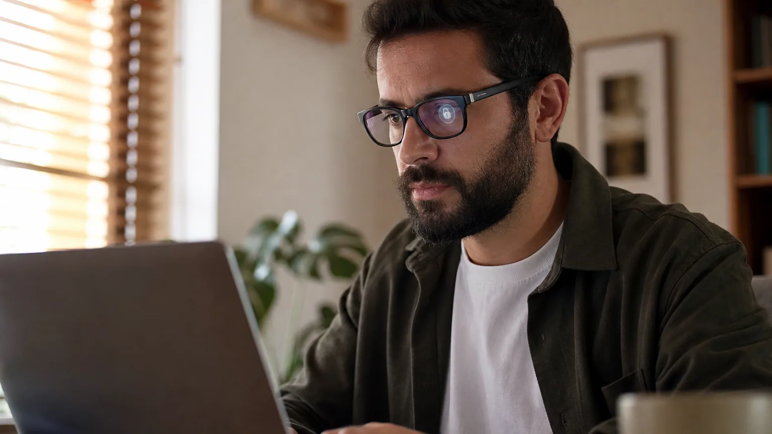 Une personne consulte son ordinateur portable dans un bureau à domicile, l'air concentré