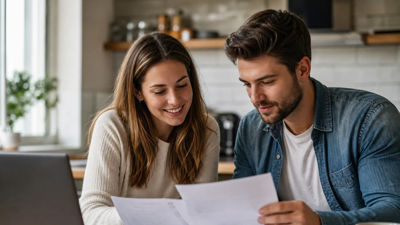 Un couple examine des documents de prêt immobilier à la table de leur cuisine