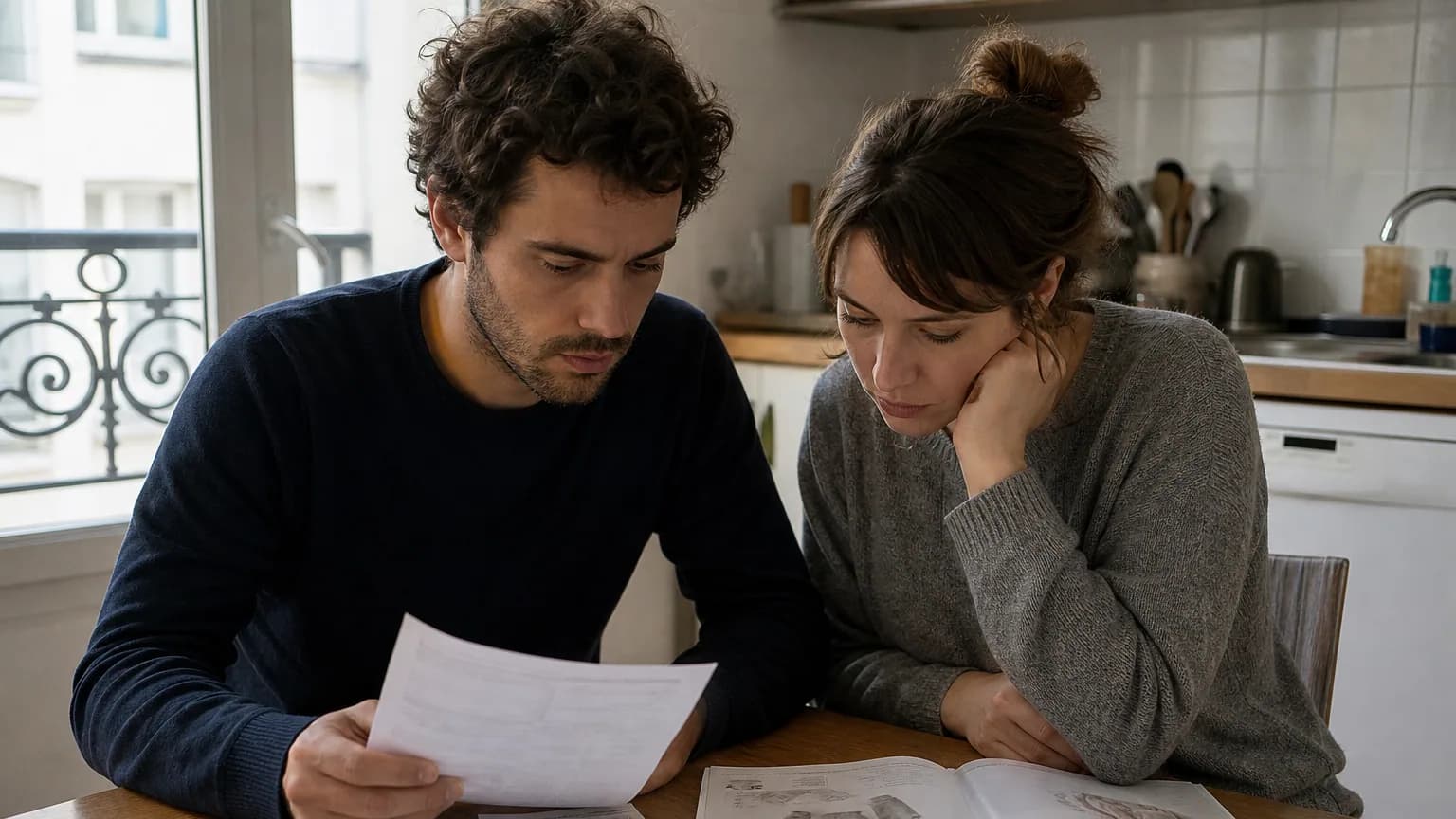 Un jeune couple pensif à la table de sa cuisine, examinant des factures, illustration des arbitrages liés au projet d'enfant.