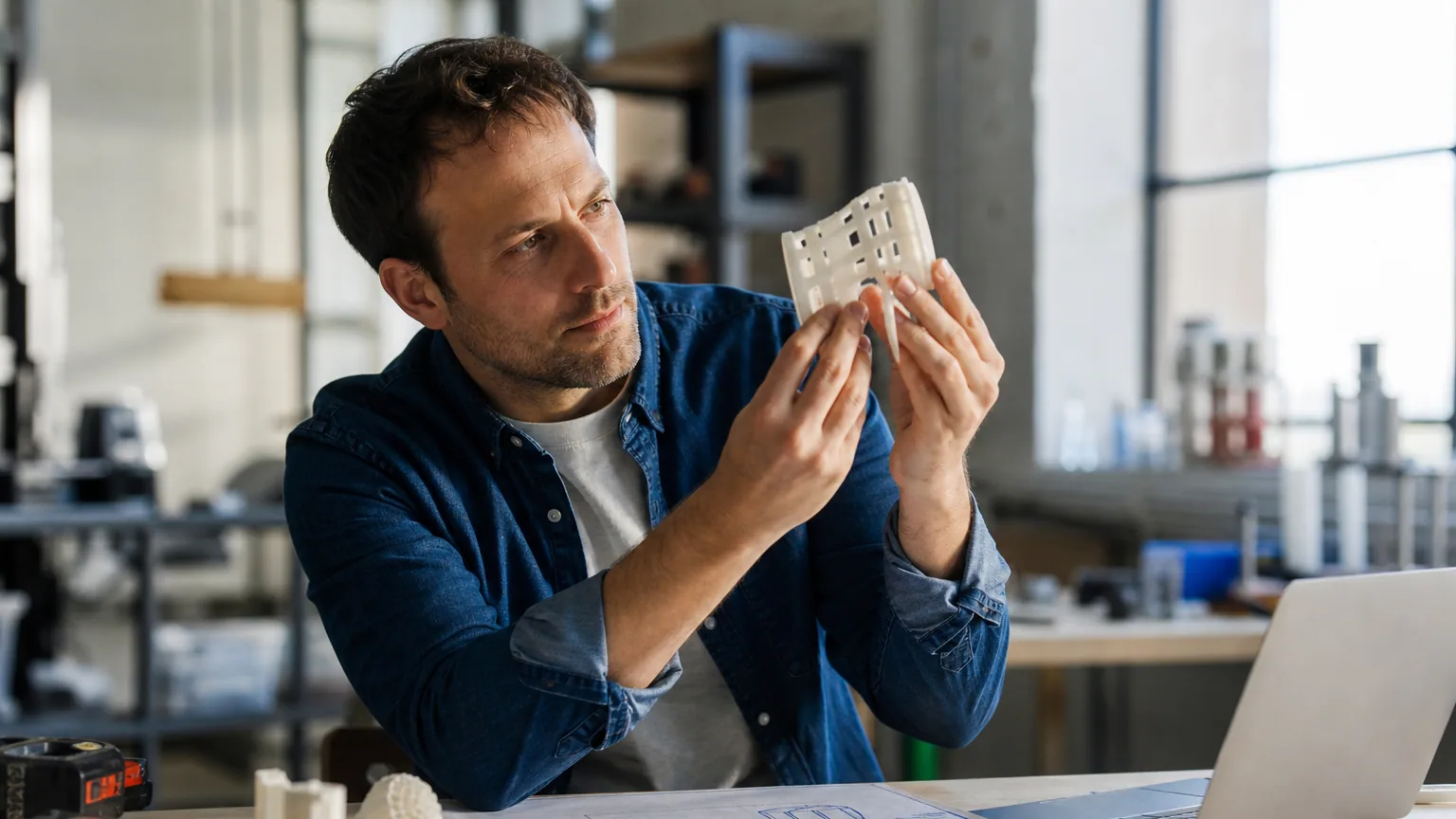 Un inventeur examine un prototype dans son atelier, entouré de plans et d'un ordinateur portable