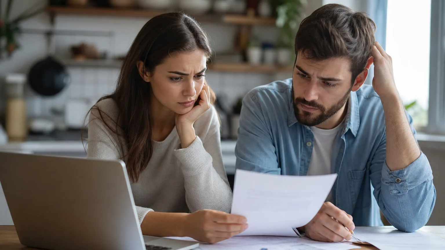 Un couple calcule sa capacité d'emprunt immobilier à la table de la cuisine avec ordinateur et calculatrice