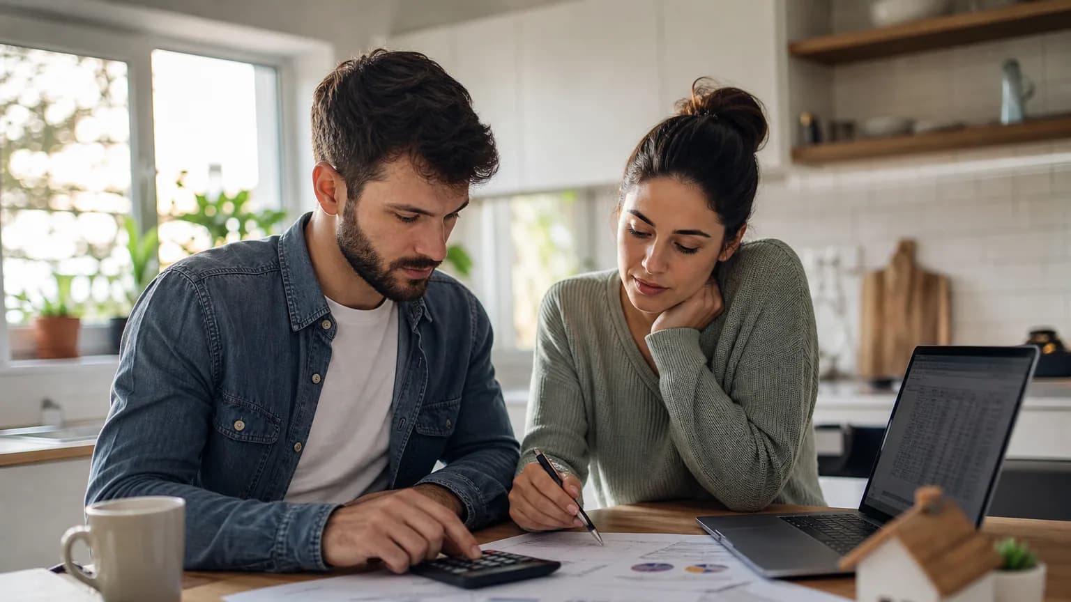 Un couple calcule la rentabilité d'un investissement locatif à table avec une calculatrice et des documents