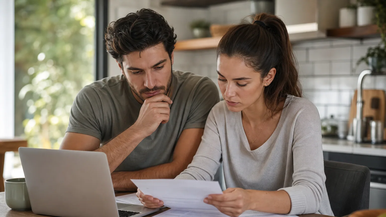 Un couple calcule son taux d'endettement à la table de la cuisine avec une calculatrice et des relevés bancaires