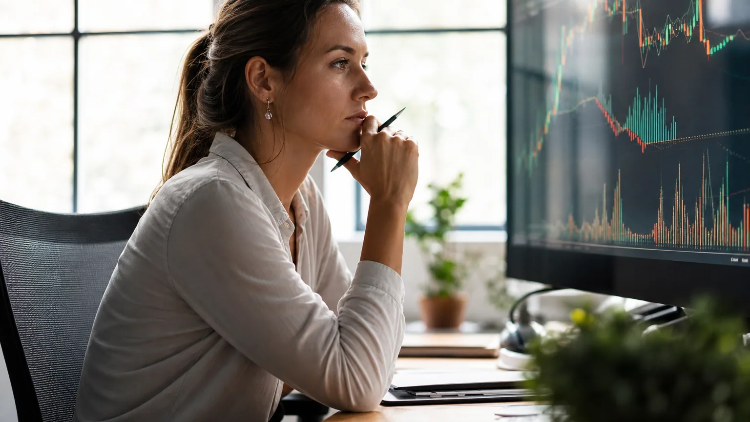 Une investisseuse analyse des graphiques boursiers sur un écran dans un bureau lumineux