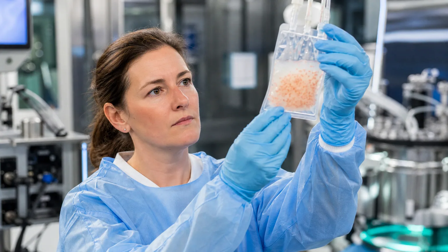 Une chercheuse en blouse examine une poche de cellules dans un laboratoire de thérapie cellulaire